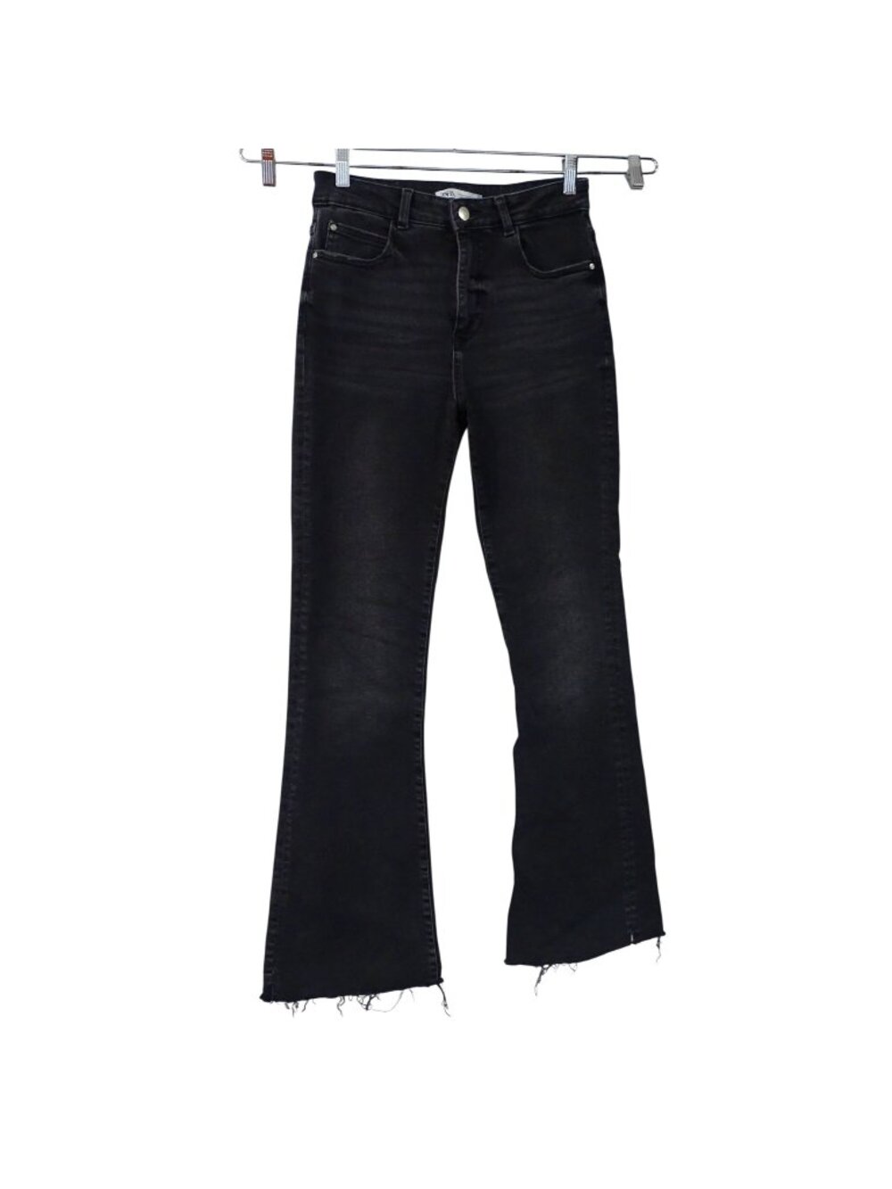 Zara Black Washed Boot Flare Jeans Women Size 8 High Rise Raw Hem Denim Grunge - Picture 1 of 10
